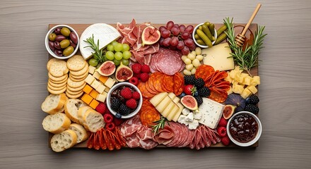Abundant charcuterie board overflowing with assorted cheeses meats fruits nuts olives crackers and bread on a rustic wooden surface