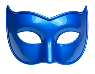 3D render of blue superhero mask with glossy finish, isolated on transparent PNG background for creative design and costume concepts