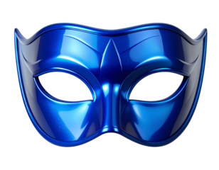 3D render of blue superhero mask with glossy finish, isolated on transparent PNG background for creative design and costume concepts