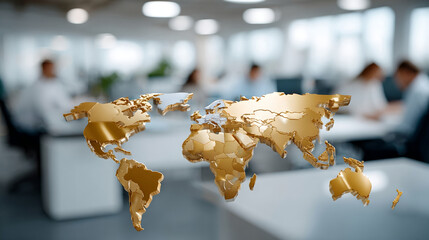 Golden world map floating over blurred office background with people working, symbolizing global business and leadership concept