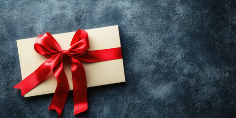 Gift certificate mockup with elegant red ribbon on dark background suggesting christmas present, coupon, voucher, invitation or other holidays greetings with plenty of copy space