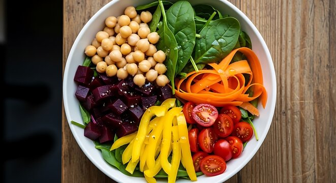 Vibrant and healthy salad bowl featuring chickpeas beets spinach carrots tomatoes and yellow bell peppers on a wooden table