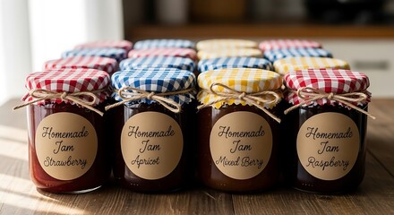 A collection of homemade jams and preserves in glass jars with decorative gingham lids and oval labels ready for gifting or selling
