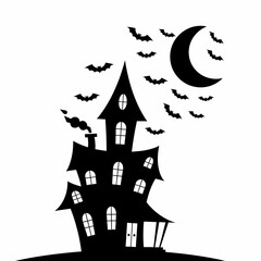 Spooky haunted house silhouette under a full moon with flying bats Halloween night graphic, perfect for invitations and spooky promotions