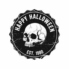 Fototapeta premium Spooky Happy Halloween skull emblem for t-shirts and more, vintage style design with grunge texture, perfect for holiday celebrations