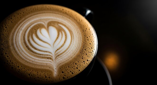 Close up of a beautifully crafted latte art heart design on a rich brown coffee with frothy milk and crema in a dark moody setting