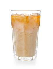 Tasty iced coffee with milk in glass isolated on white