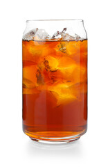 Tasty coffee with ice cubes in glass isolated on white