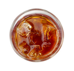 Tasty coffee with ice cubes in glass isolated on white, top view