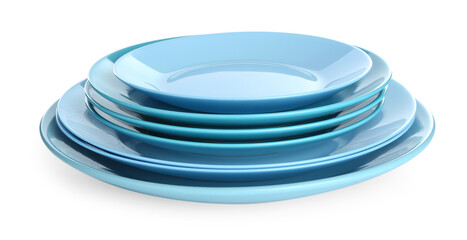 Stack of blue ceramic plates isolated on white