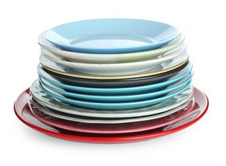 Stack of colorful ceramic plates isolated on white