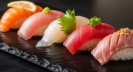 Close up of a delicious assortment of fresh nigiri sushi with various fish and garnishes artfully arranged on a dark platter
