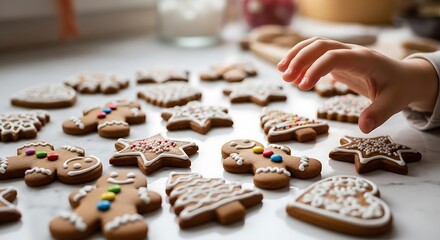 Close up of a child s hand reaching for a decorated gingerbread cookie on a table filled with christmas holiday treats