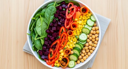 Vibrant rainbow salad arranged beautifully in a white bowl showcasing fresh healthy ingredients for a nutritious meal