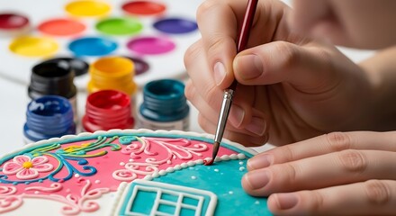 Close up of a person s hands decorating a gingerbread cookie with colorful icing and paints showcasing artistic creation and holiday baking