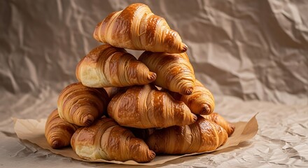 A delicious stack of golden brown croissants piled high on a textured crumpled paper background creating an appetizing breakfast or bakery display