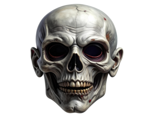 Creepy ghoul mask featuring deep hollow eye sockets, wrinkled gray skin texture, and realistic shadows. Studio-lit, cleanly cut out on transparent background