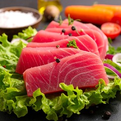 Sliced raw, reddish fish fillets atop lettuce, with garnishes of herbs, onions, tomatoes, carrots, pepper, and salt. Fresh, culinary preparation