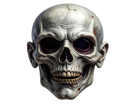 Creepy ghoul mask featuring deep hollow eye sockets, wrinkled gray skin texture, and realistic shadows. Studio-lit, cleanly cut out on transparent background