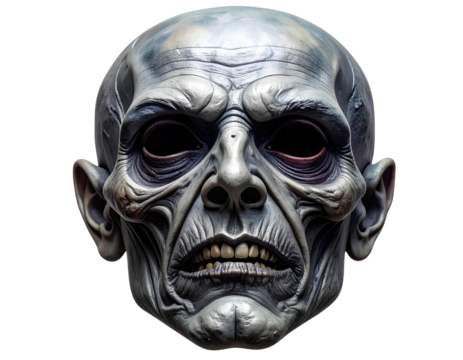 Creepy ghoul mask featuring deep hollow eye sockets, wrinkled gray skin texture, and realistic shadows. Studio-lit, cleanly cut out on transparent background