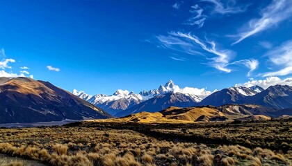 Scenic view of snowy mountains under a vibrant blue sky with wispy clouds, foregrounded by golden grass