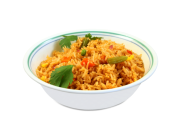 Indian Gujarati stew curry yellow vegetable rice in bowl, known in India as khichdi rice, biryani rice, pulav, popular Indian dish for lunch and dinner, cutout in transparent background, png format