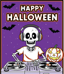 Funny cartoon skeleton with headphones playing music on a DJ console for a Halloween night party celebration