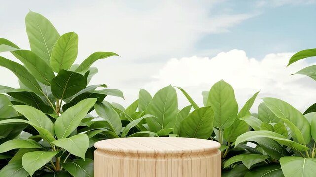 Wooden Podium with Green Leaves &mdash; Natural Product Display and Eco-Friendly Background