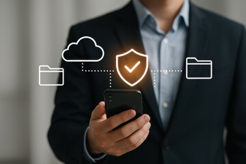 Businessman Using Smartphone with Cloud Technology and Security Icons Representing Data Protection and Storage