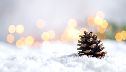 Pinecone on snow against blurred, warm-toned bokeh lights. Festive seasonal winter atmosphere with soft focus