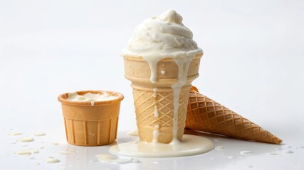 Delicious dual-flavor soft serve ice cream cone melting next to a caramel sauce cup