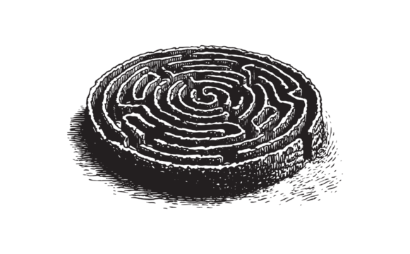 Black and White Labyrinth Illustration Symbolizing Complexity, Mind Maze, and Abstract Pathways
