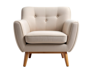 Modern beige armchair with soft fabric upholstery, plush seat cushion, and wooden legs, photographed from the front, centered and isolated on a transparent background