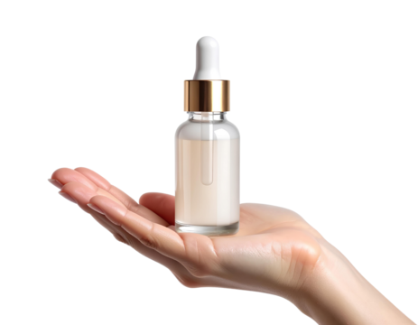 Female Hand Holding Blank Dropper Bottle with Serum Isolated on Transparent Background