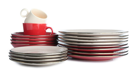 Stacks of ceramic dishware isolated on white