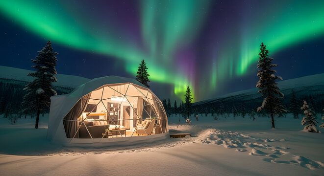 Cozy illuminated glass igloo under vibrant green aurora borealis in a snowy winter landscape - Powered by Adobe