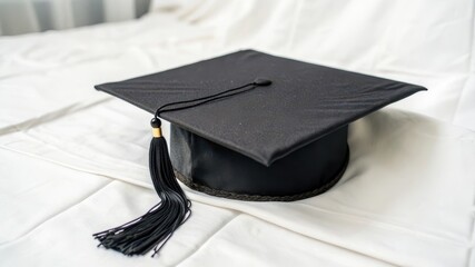 Black graduation cap tassel rests on diplomas celebrating academic achievement and success