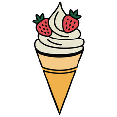Strawberry ice cream in crispy waffle cone with nuts