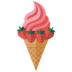 Creamy ice cream with strawberry pieces in cone