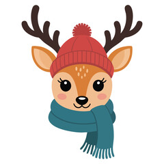 Cartoon deer wearing winter scarf with antlers