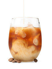 Tasty iced coffee in glass and beans isolated on white