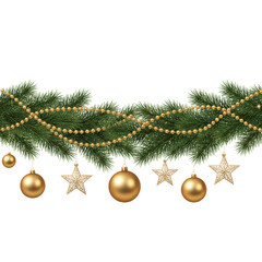 Festive coniferous garland adorned with elegant golden baubles and stars against an isolated
