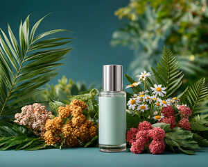 Natural skincare product bottle with fresh flowers and green leaves, evoking calm and refreshing beauty concept