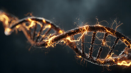 Fiery DNA helix with electric sparks against a dark background.
