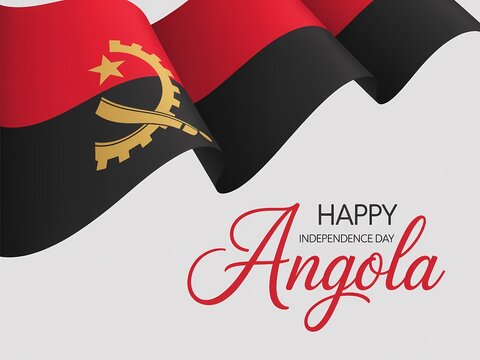Waving flag of angola with happy independence day greeting on a light gray background