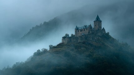 Naklejka premium ancient castle on a foggy hill