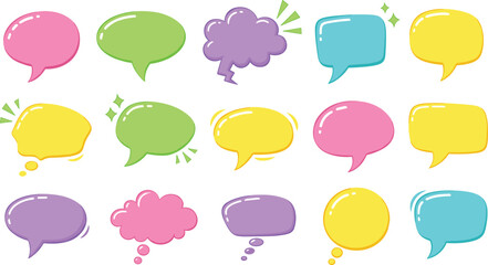 Vector illustration of various colorful empty speech bubbles. A set of hand-drawn doodle-style talk balloons and thought clouds for chat