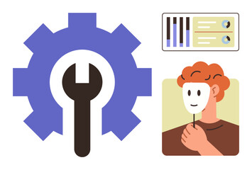 Wrench in gear symbolizing tools, a character holding a face mask, and analytical data charts. Ideal for identity, self-concept, personalization, anonymity, problem-solving, technology