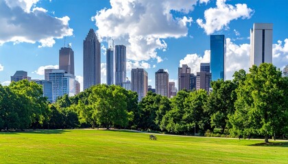 Obraz premium A vibrant city skyline rises behind a lush green park under a bright blue sky—capturing the harmony between urban life and nature’s calm.