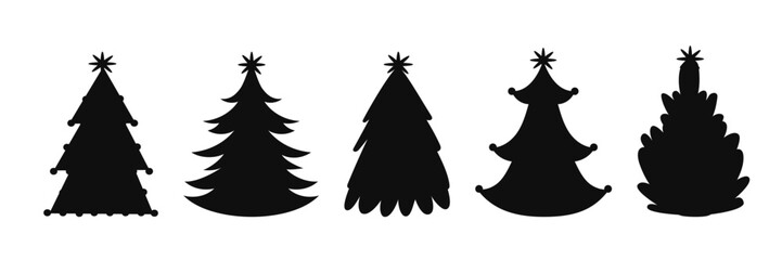 Black Christmas tree silhouette set in flat childlike style. Simple rounded shapes create a charming and playful winter illustration.